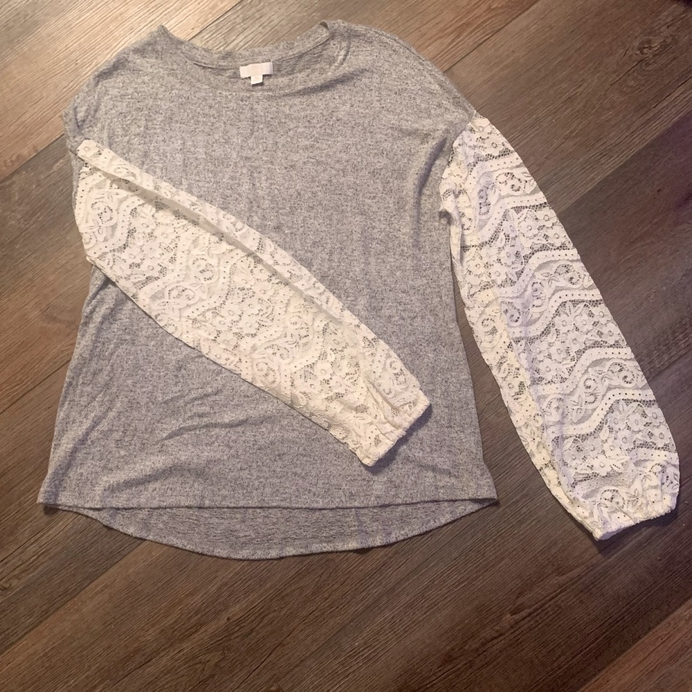 Lace balloon sleeve jersey knit top